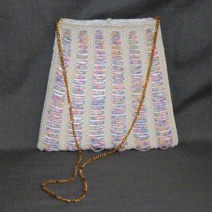 Vintage White Beaded Crochet Pouch Purse Bag Wedding Evening Bag Hand Crafted
